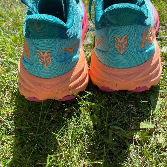 Hoka Teal Blue Running Shoes with Pink and Orange Midsole - Picture 5 of 6